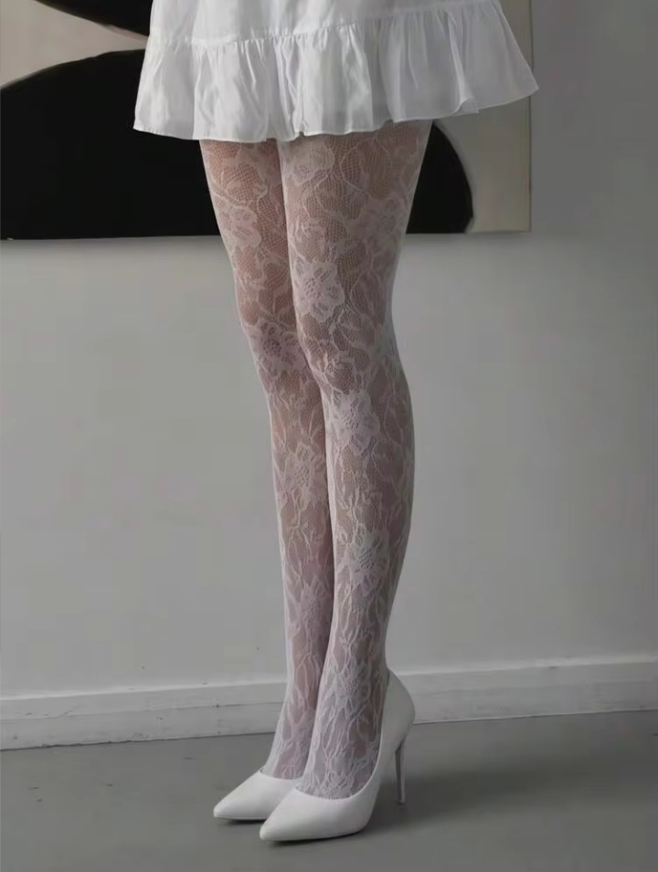 Women’s White Floral Lace Pattern Sheer Tights – Elegant Stretch Pantyhose